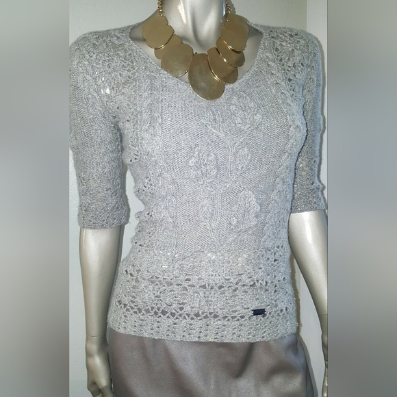 *$2,200 OSCAR DE LA RENTA GREY CASHMERE RUNWAY HAND KNIT BLOUSE S - Picture 4 of 9